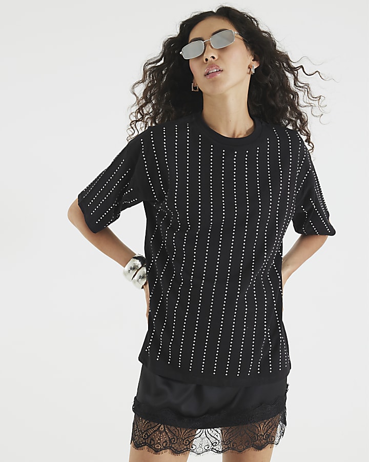 Black Diamante Embellished T-Shirt