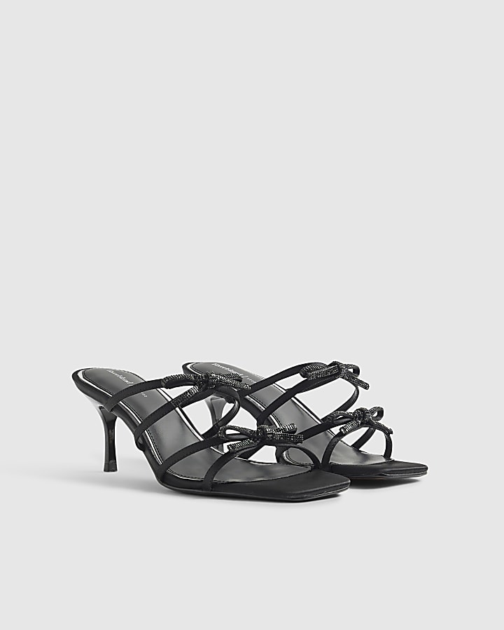 Black Embellished Bow Heel Sandals