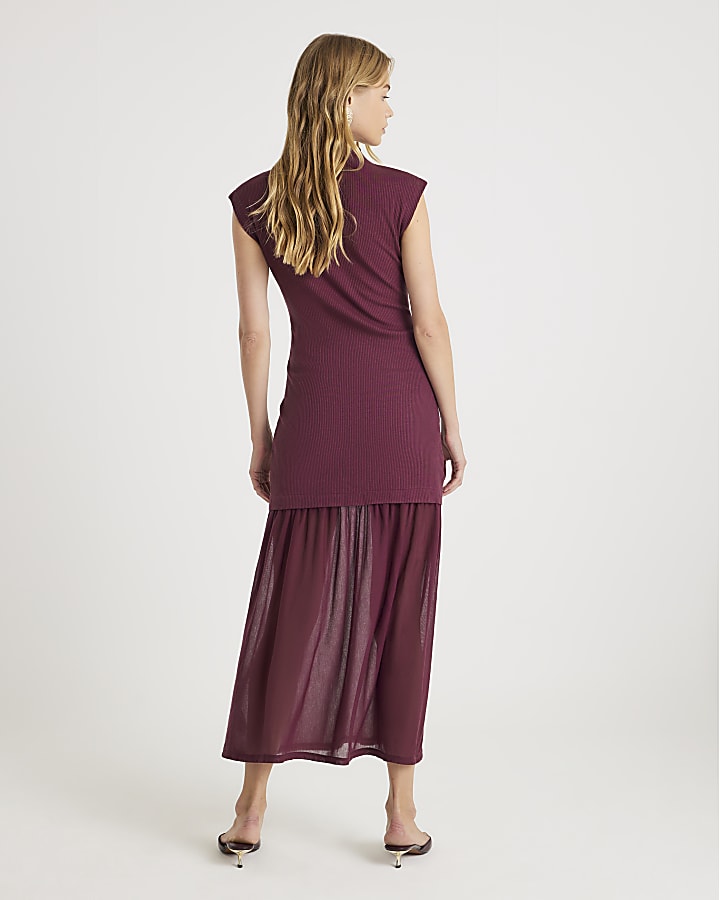Red Drop Waist Ribbed Hybrid Midi Dress