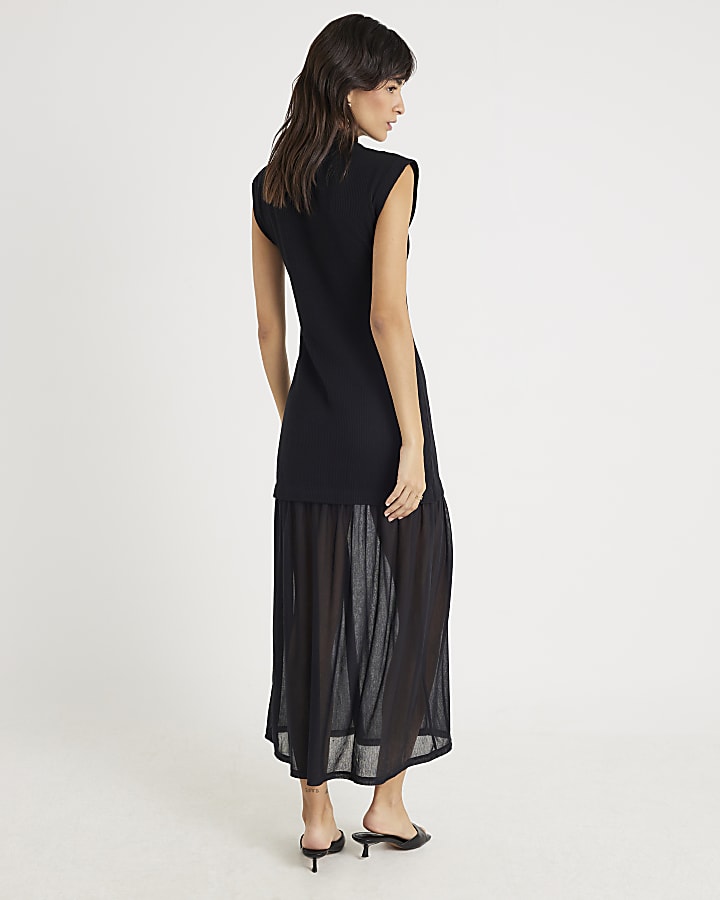 Black Drop Waist Ribbed Hybrid Midi Dress