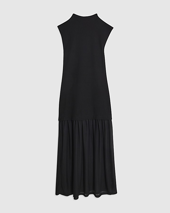 Black Drop Waist Ribbed Hybrid Midi Dress