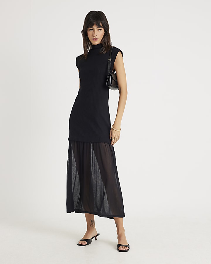 Black Drop Waist Ribbed Hybrid Midi Dress
