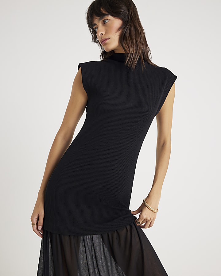 Black Drop Waist Ribbed Hybrid Midi Dress