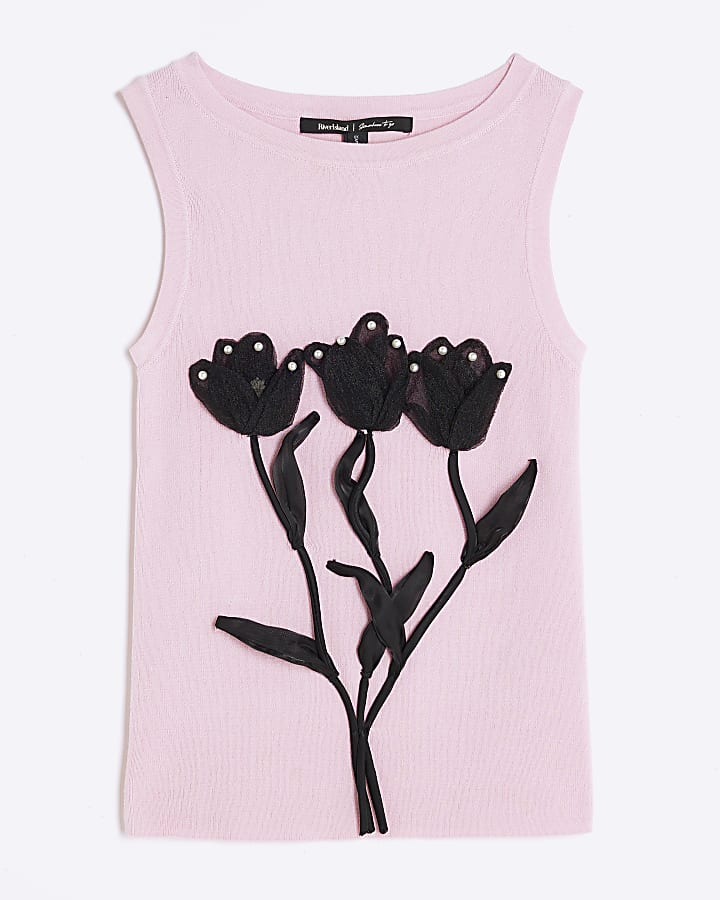 Pink Knitted Floral Applique Vest Top