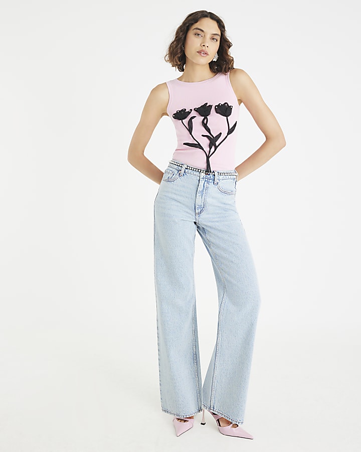Pink Knitted Floral Applique Vest Top