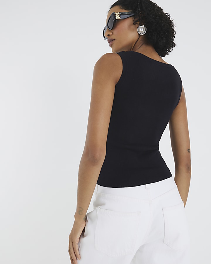 Black Knitted Floral Applique Vest Top