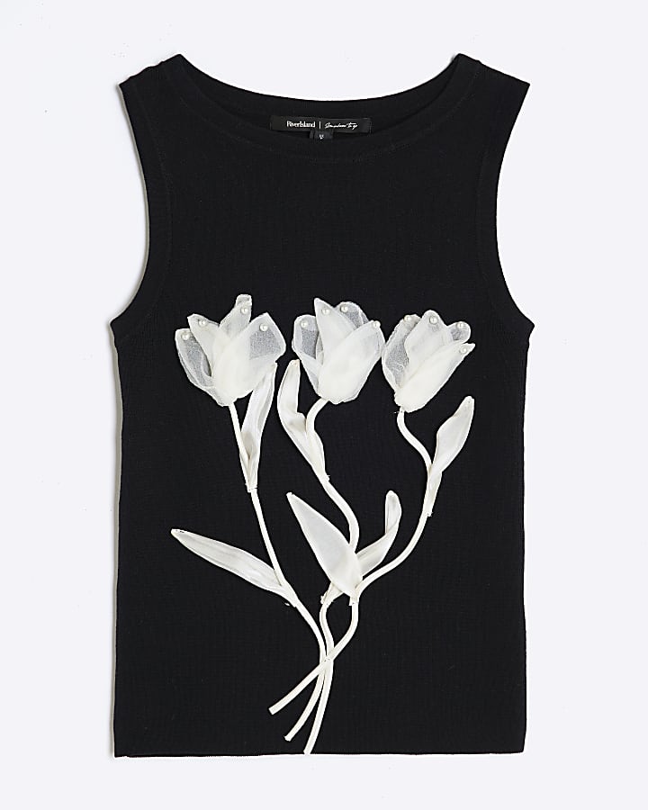 Black Knitted Floral Applique Vest Top