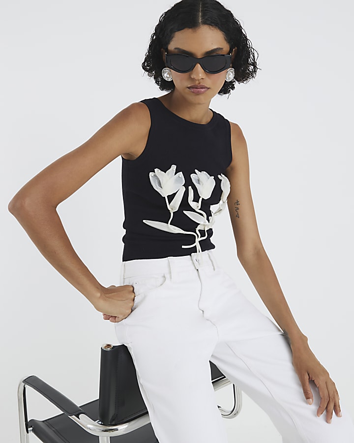 Black Knitted Floral Applique Vest Top