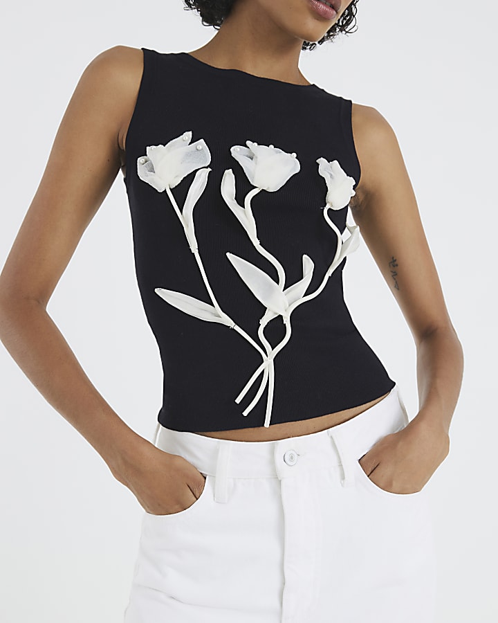 Black Knitted Floral Applique Vest Top
