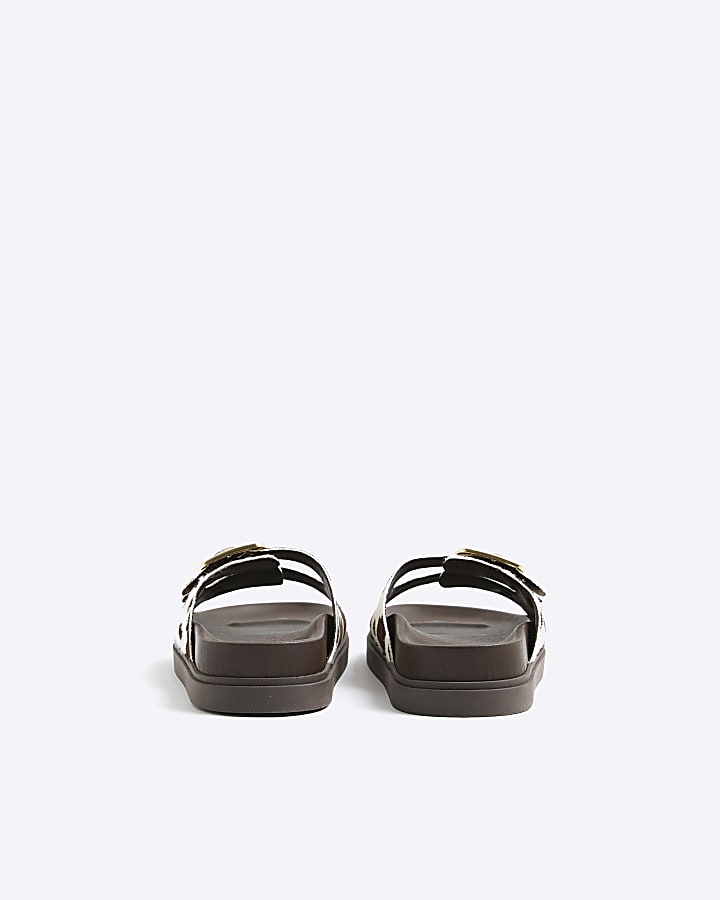 Brown Cow Print Double Strap Footbed Sandals
