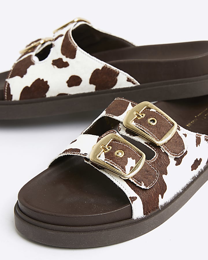 Brown Cow Print Double Strap Footbed Sandals