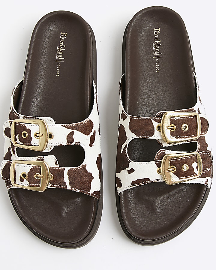 Brown Cow Print Double Strap Footbed Sandals