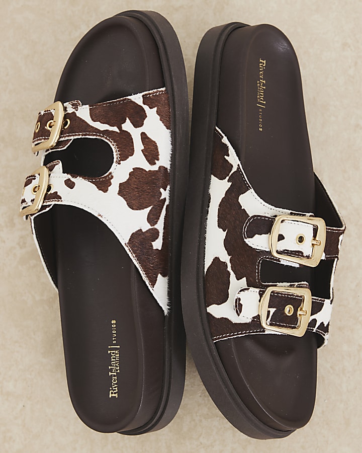 Brown Cow Print Double Strap Footbed Sandals