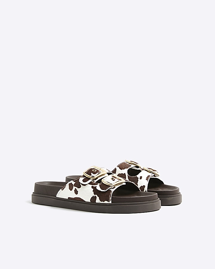 Brown Cow Print Double Strap Footbed Sandals