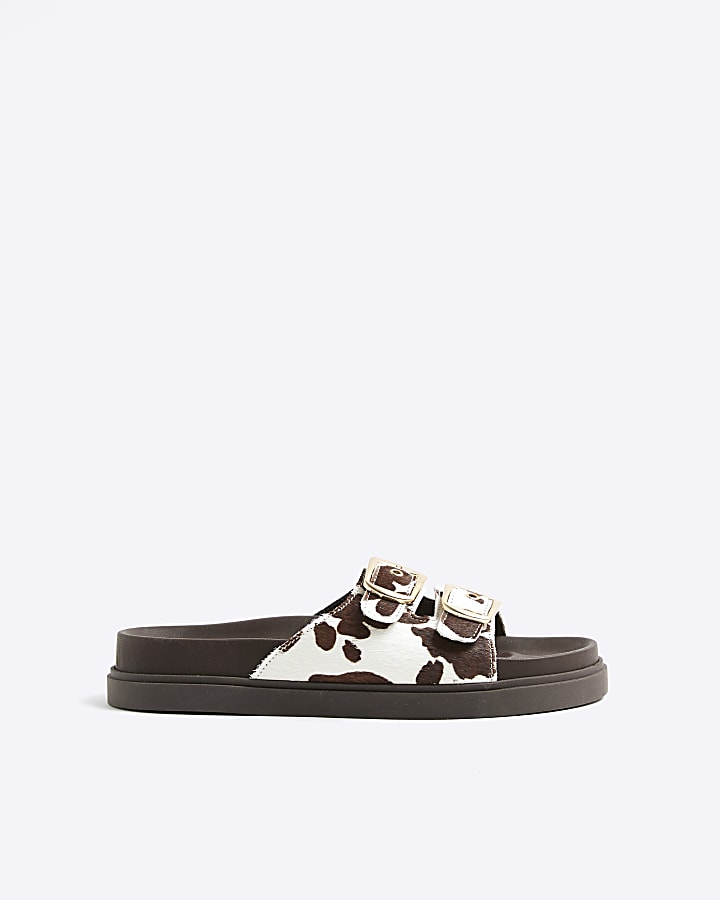Brown Cow Print Double Strap Footbed Sandals