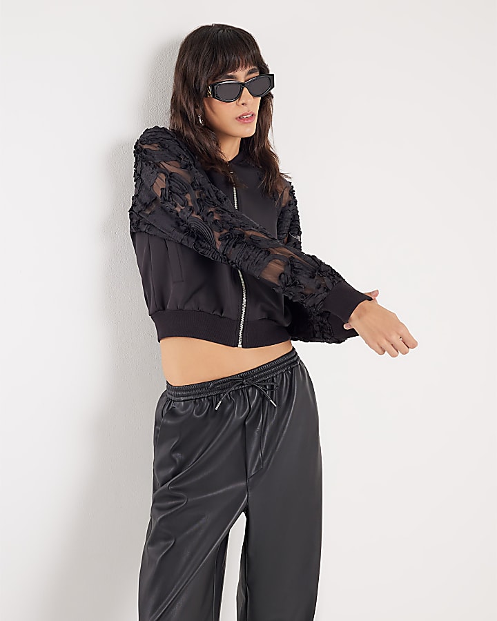 Black Boutique Sheer sleeve Bomber Jacket