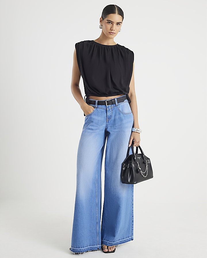 Black Bubble Hem Ruched Top