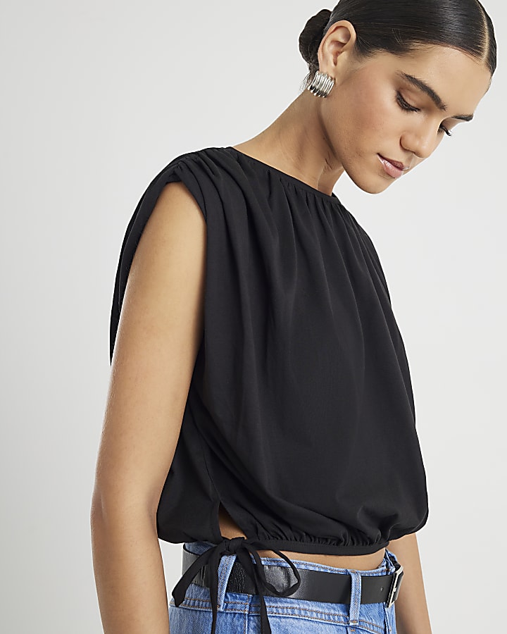 Black Bubble Hem Ruched Top