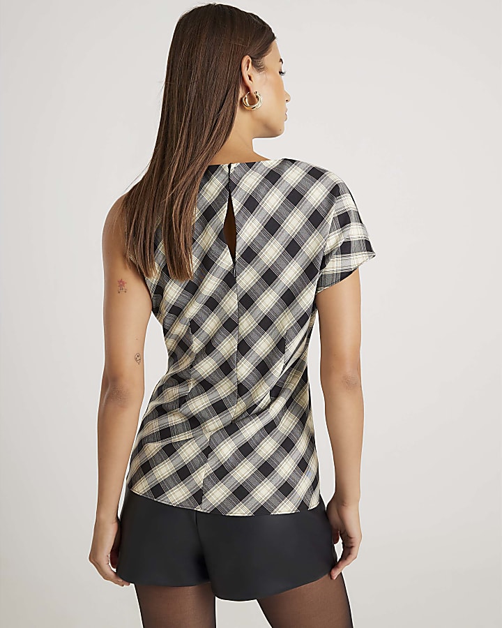Cream Checked knot Asymmetric Top