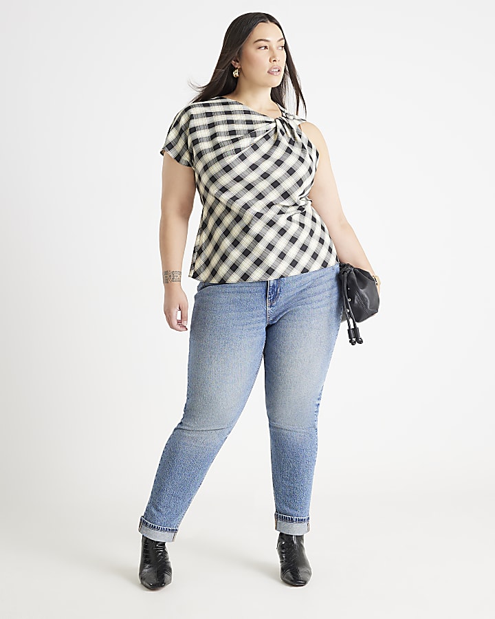 Cream Checked knot Asymmetric Top
