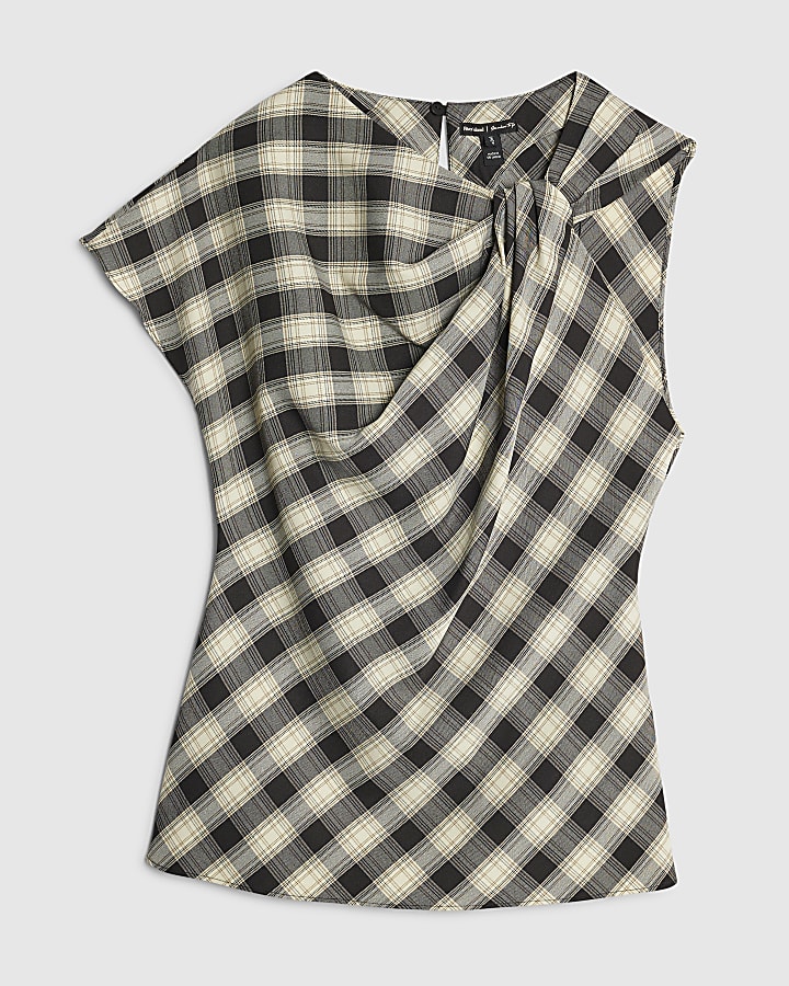 Cream Checked knot Asymmetric Top