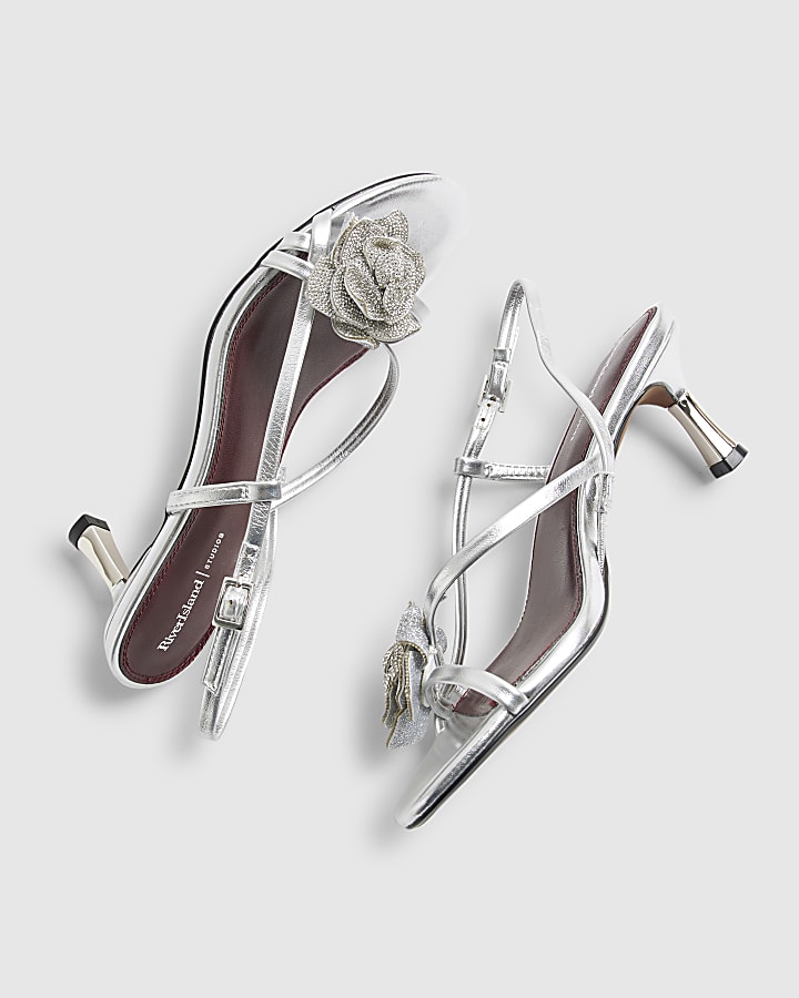 Silver Embellished Flower Heeled Sandals