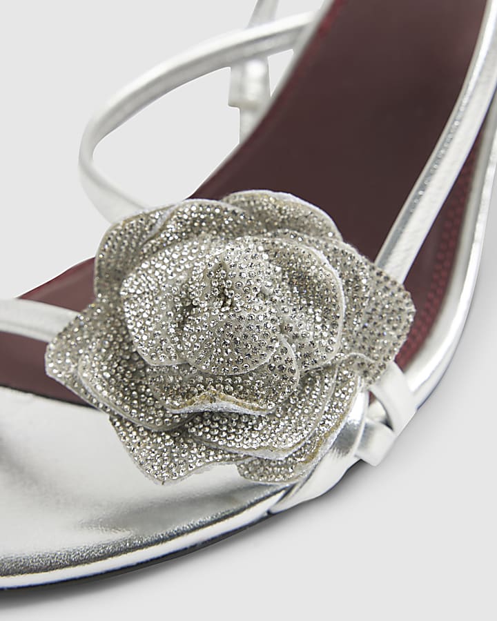 Silver Embellished Flower Heeled Sandals