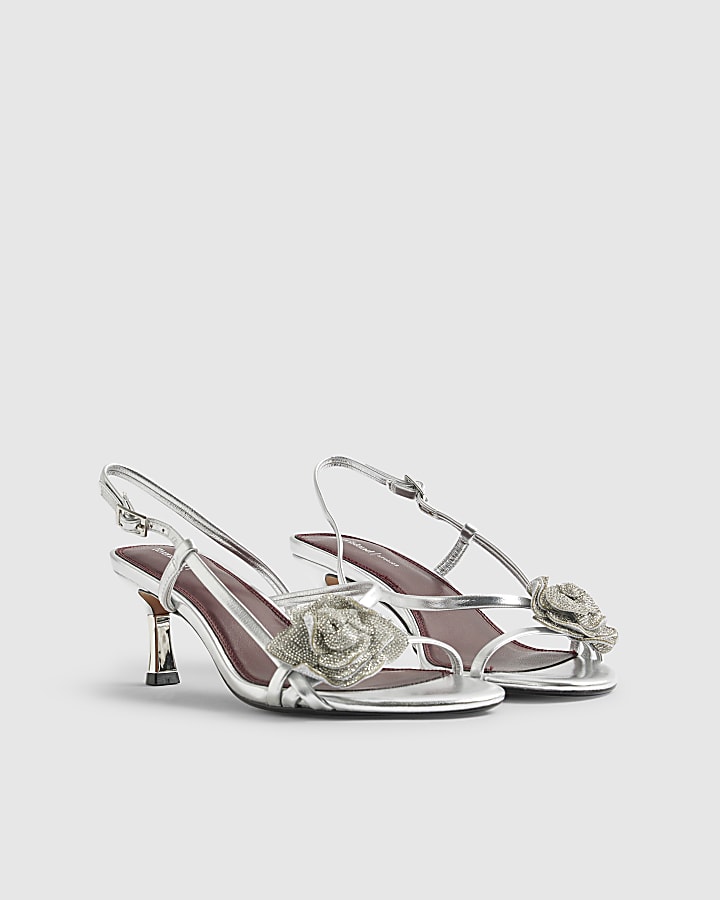 Silver Embellished Flower Heeled Sandals