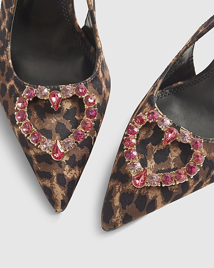 Brown Leopard Sling Back Heeled Court Shoes