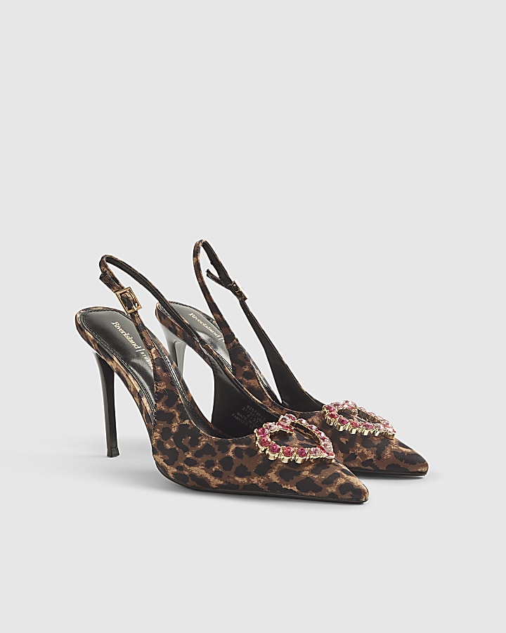 Brown Leopard Sling Back Heeled Court Shoes