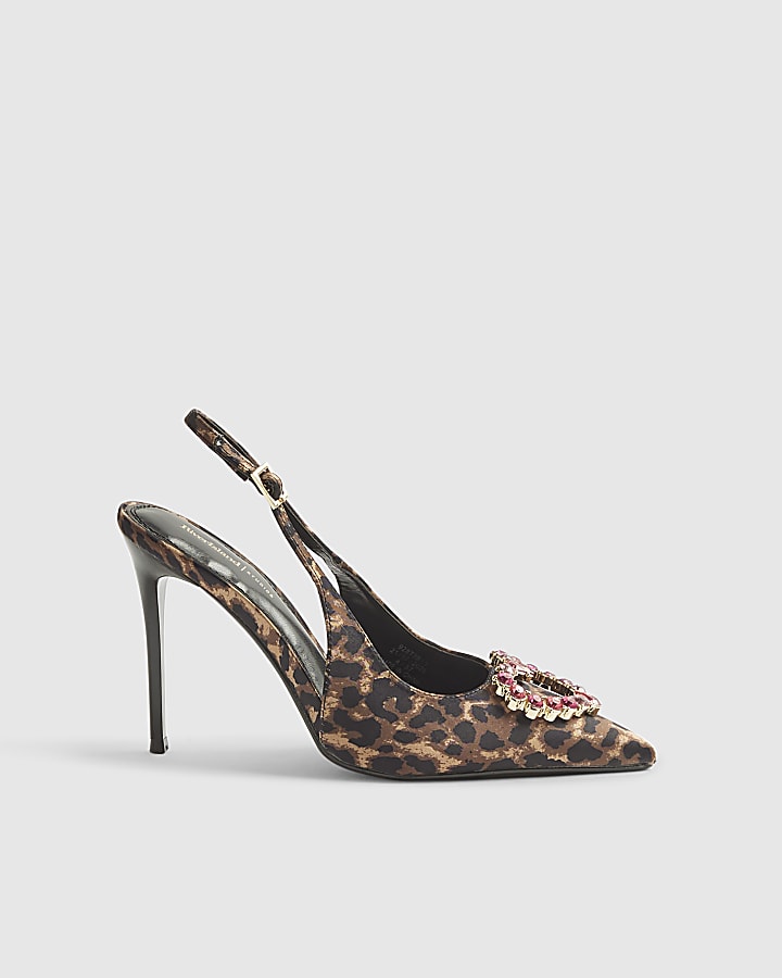 Brown Leopard Sling Back Heeled Court Shoes