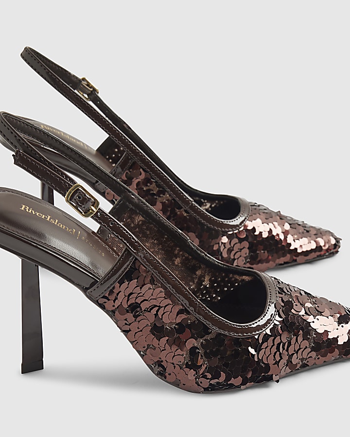 Brown Sequin Slingback Court Heels
