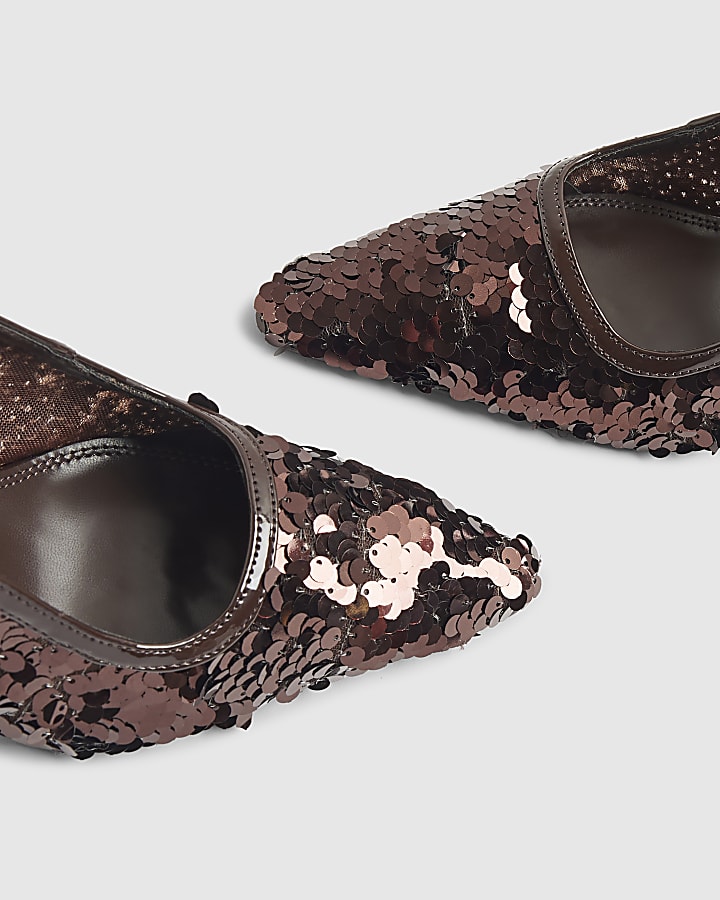 Brown Sequin Slingback Court Heels