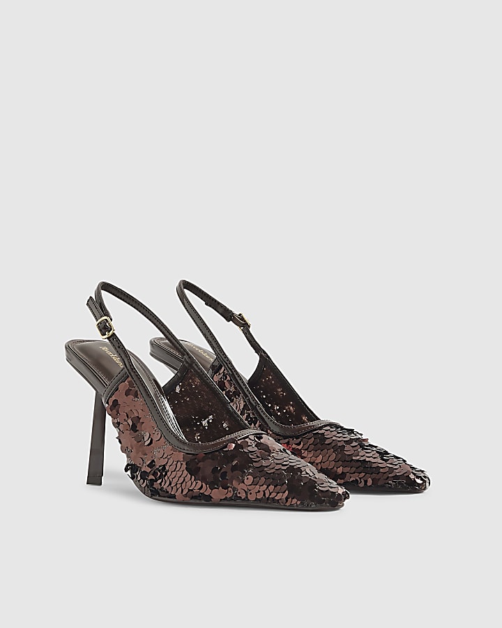Brown Sequin Slingback Court Heels