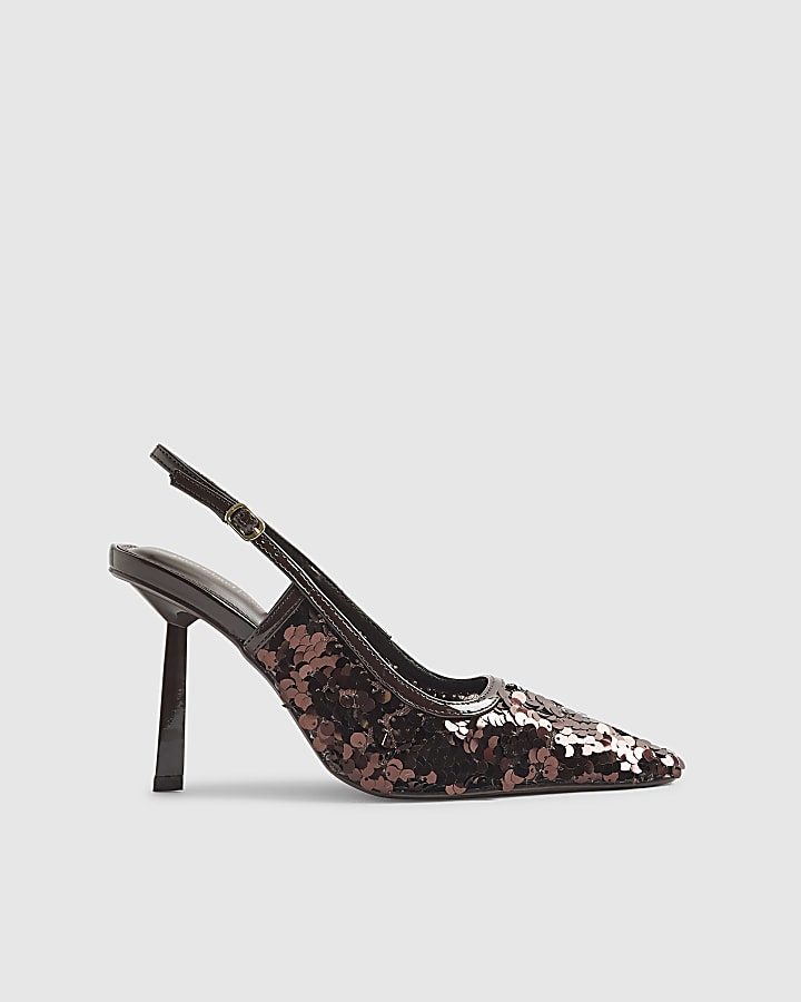 Brown Sequin Slingback Court Heels