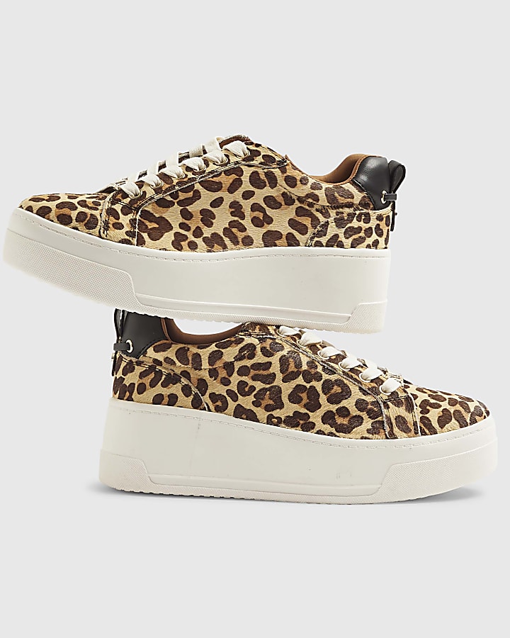 Brown Leather Animal Print platform Trainers