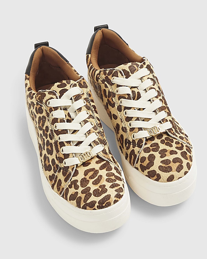 Brown Leather Animal Print platform Trainers