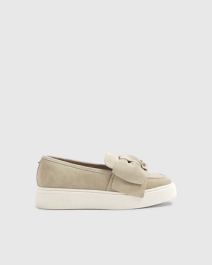 Grey Suede Slip On Bow Trainers