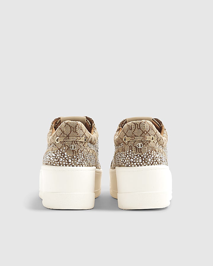 Beige Monogram Diamante Lace Up Trainers