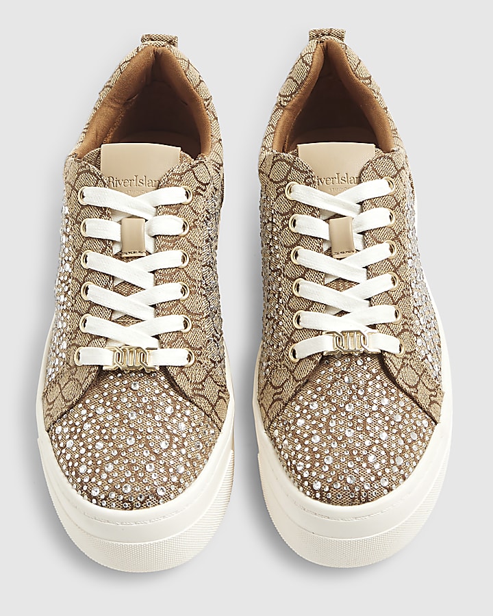 Beige Monogram Diamante Lace Up Trainers