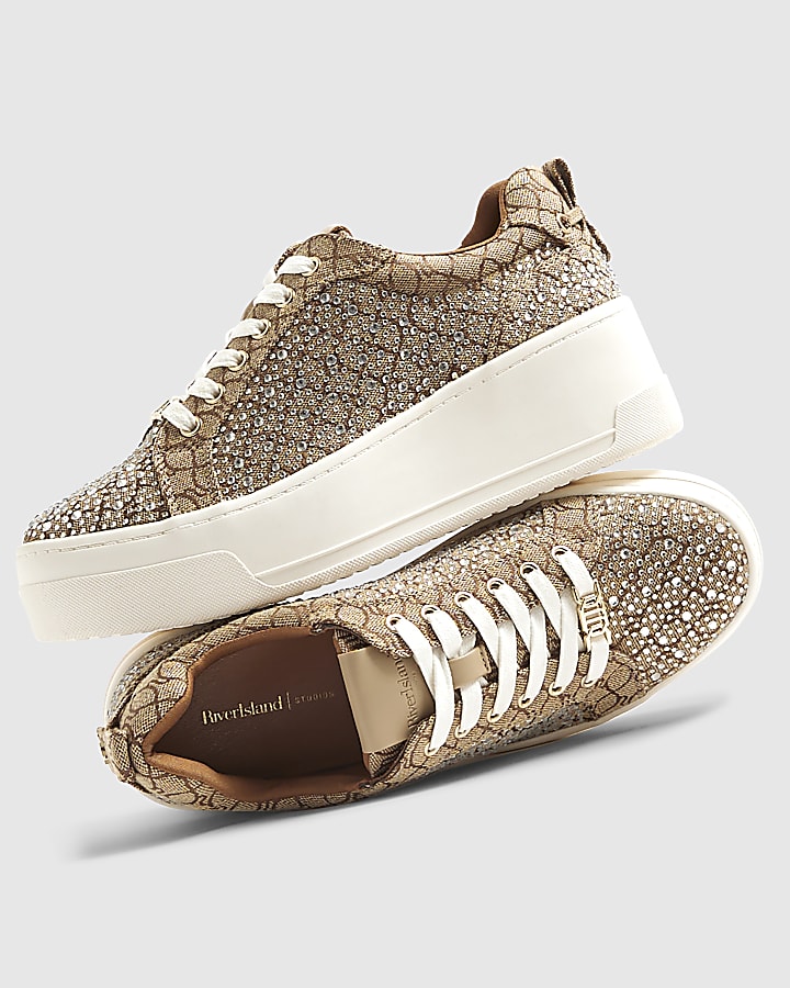 Beige Monogram Diamante Lace Up Trainers