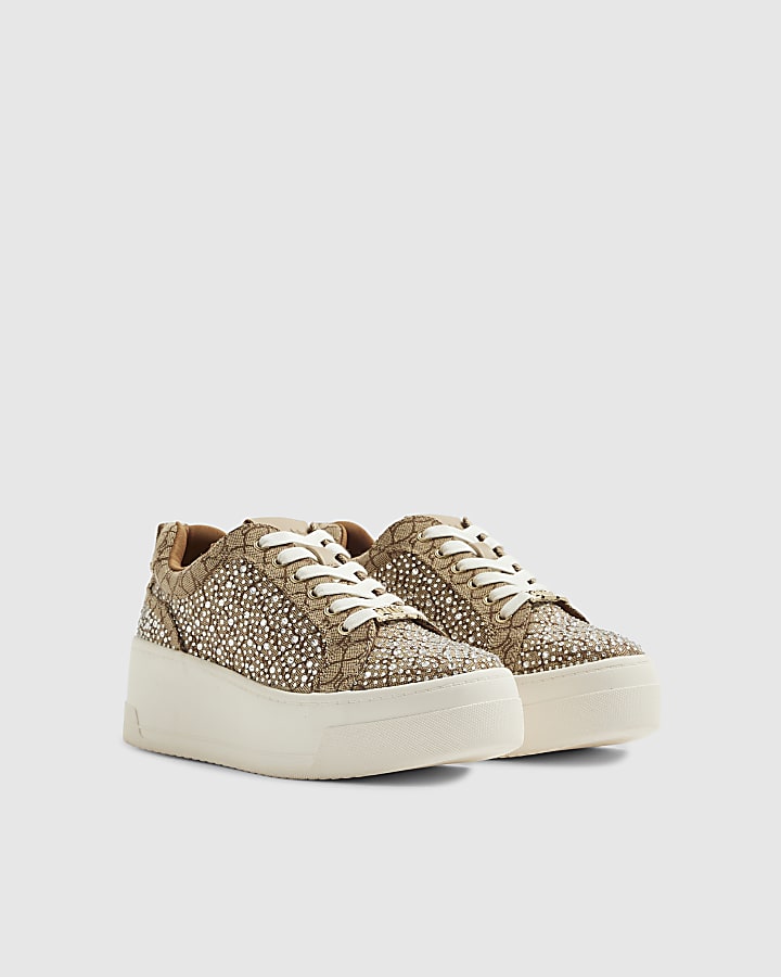 Beige Monogram Diamante Lace Up Trainers