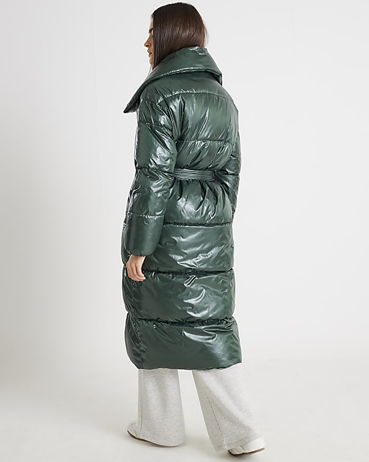 Green High Shine Longline Padded Coat