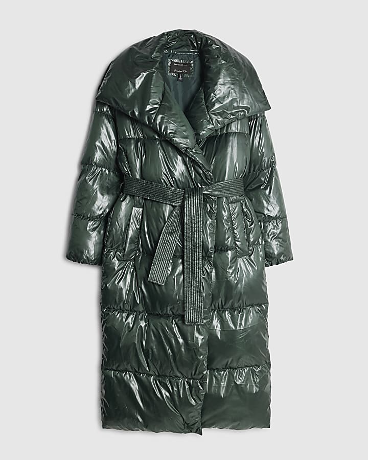 Green High Shine Longline Padded Coat