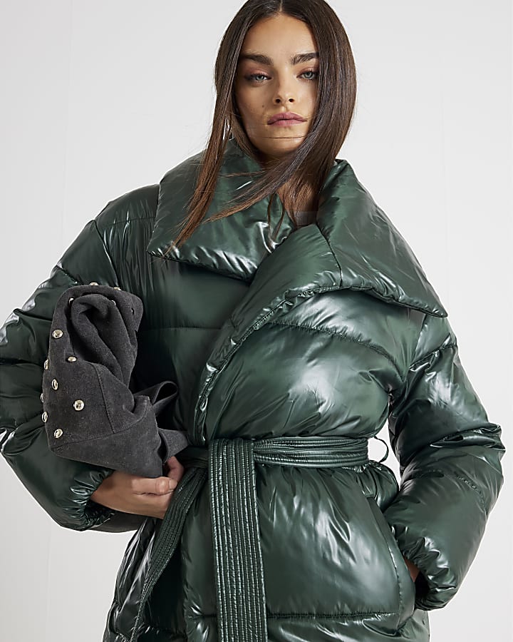 Green High Shine Longline Padded Coat