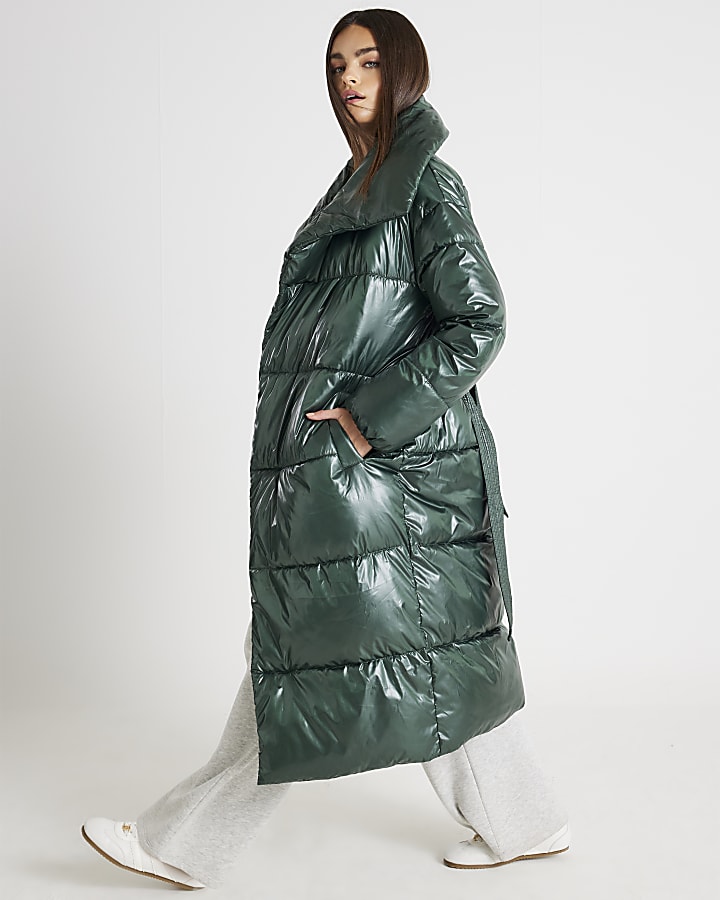 Green High Shine Longline Padded Coat