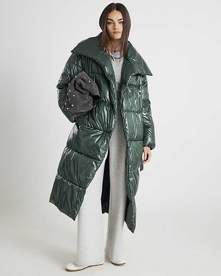 Green High Shine Longline Padded Coat
