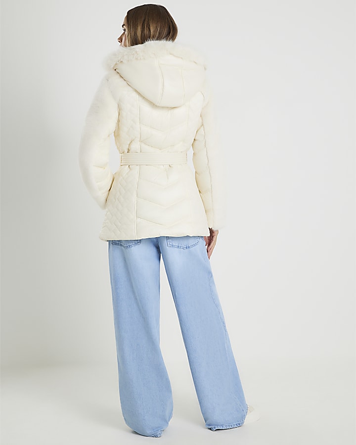 Cream Faux Fur Hooded Panelled Padded Jacket