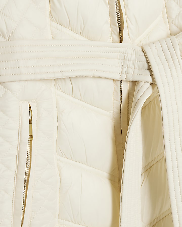 Cream Faux Fur Hooded Panelled Padded Jacket