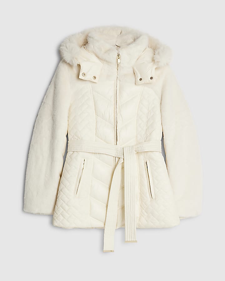 Cream Faux Fur Hooded Panelled Padded Jacket